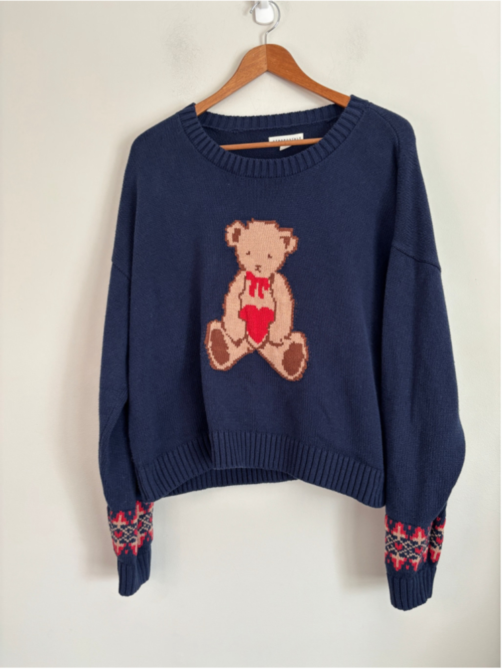 Aeropostale Teddy Bear Crew Neck Knit Sweater Blue Red Size Large Comfort
